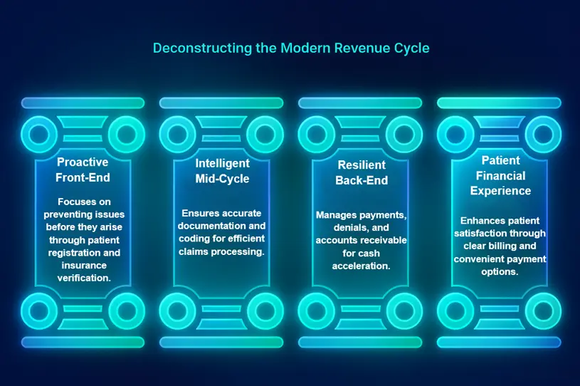 A diagram showing the four pillars of the modern revenue cycle: Proactive Front-End, Intelligent Mid-Cycle, Resilient Back-End, and Patient Financial Experience.